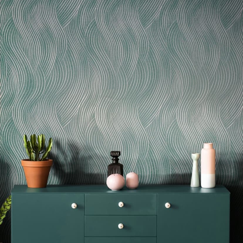 Non-woven tapet i grönt, silver våg look textur grafisk modern