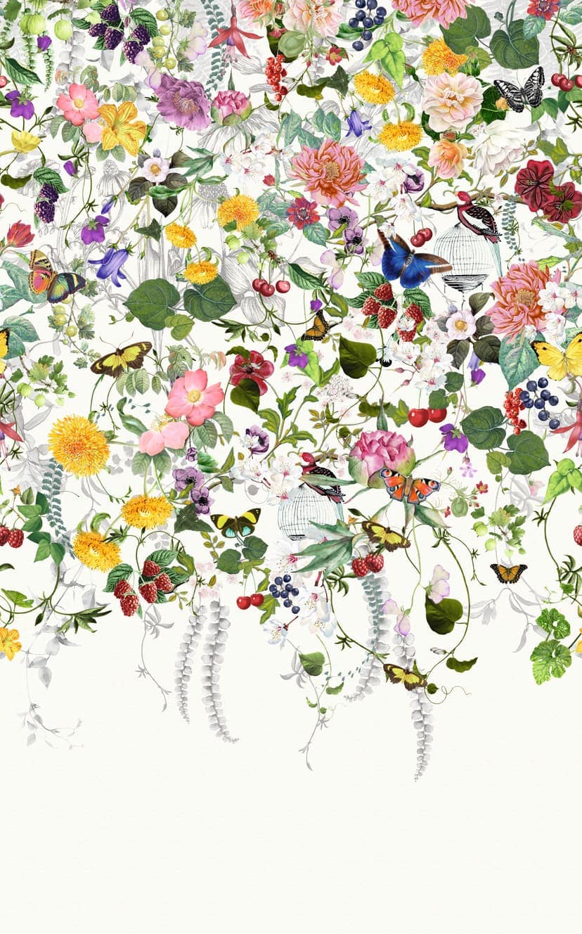 Fototapet med motiv Färgglad blomsteräng med fjärilar och fåglar 3,4 x 2,12 m