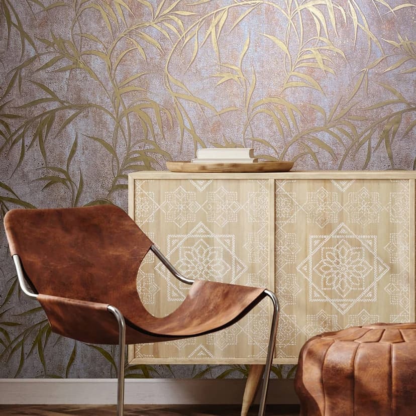Non-woven tapet med blad i betonglook brunblommig