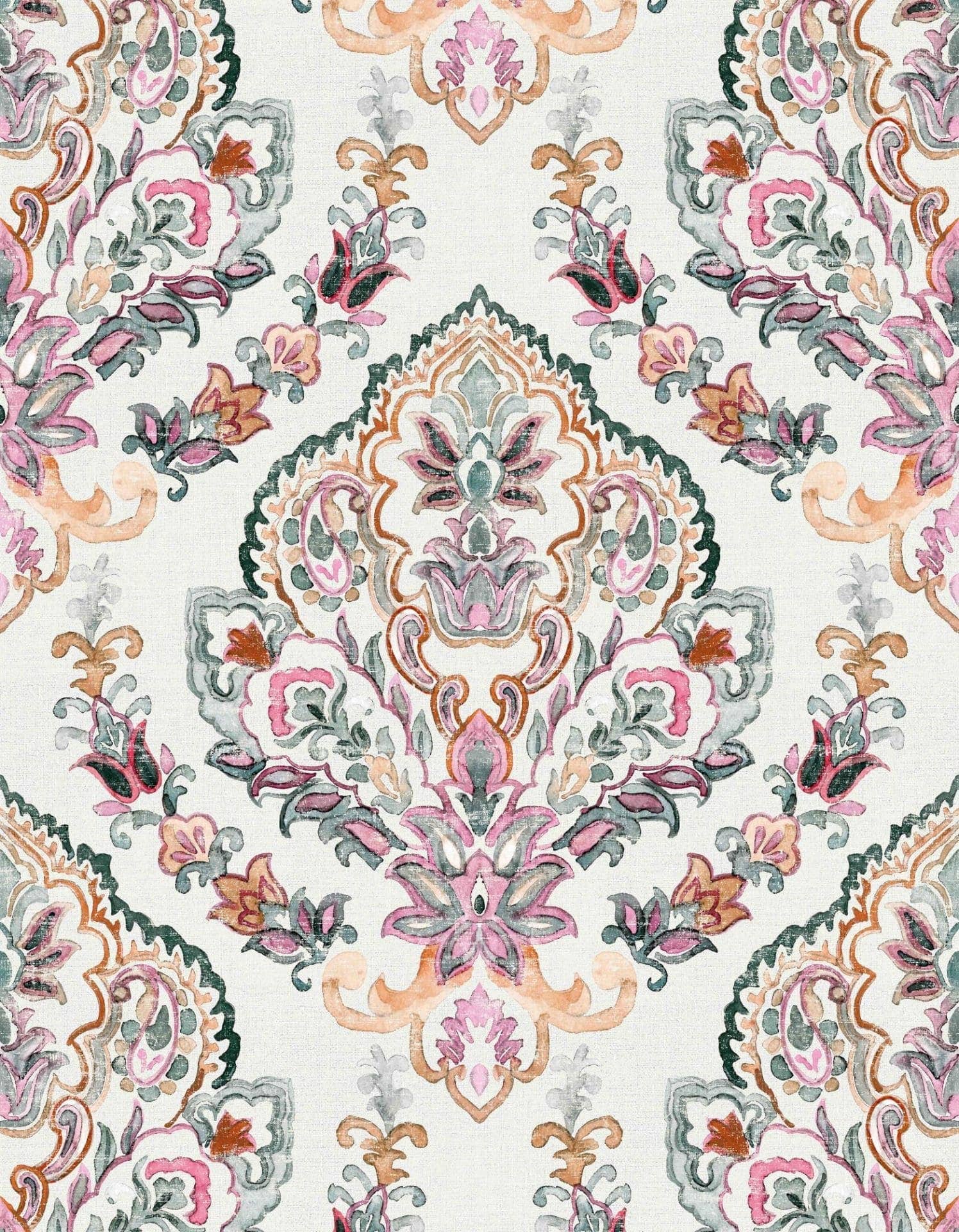 Fototapet med motiv boho ornament i pastell med blommig medaljong 3,4 x 2,65 m