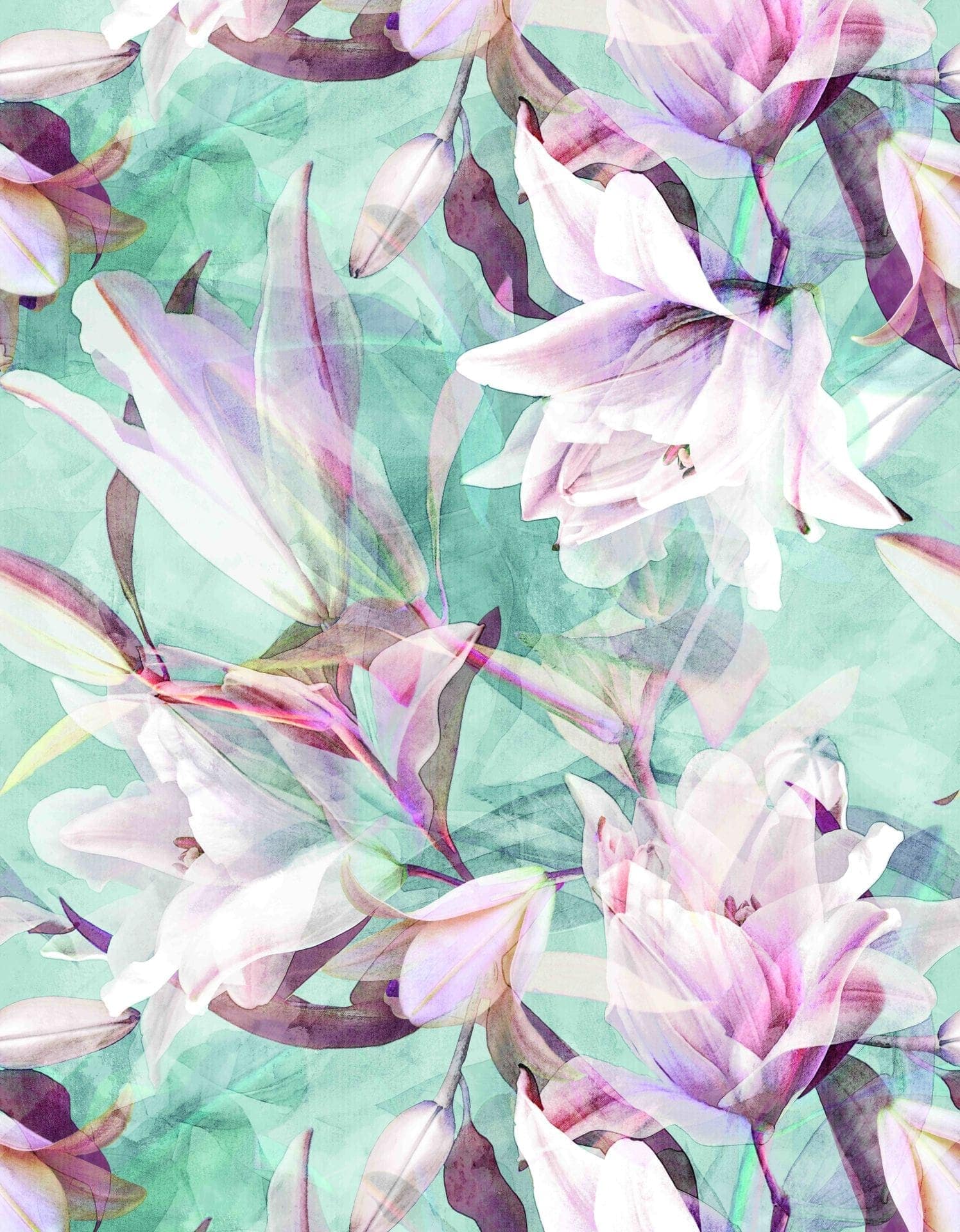 Fototapet Delikata akvarellblommor i pastell på ljusblå med mjukt fokus 3,4 x 2,65 m