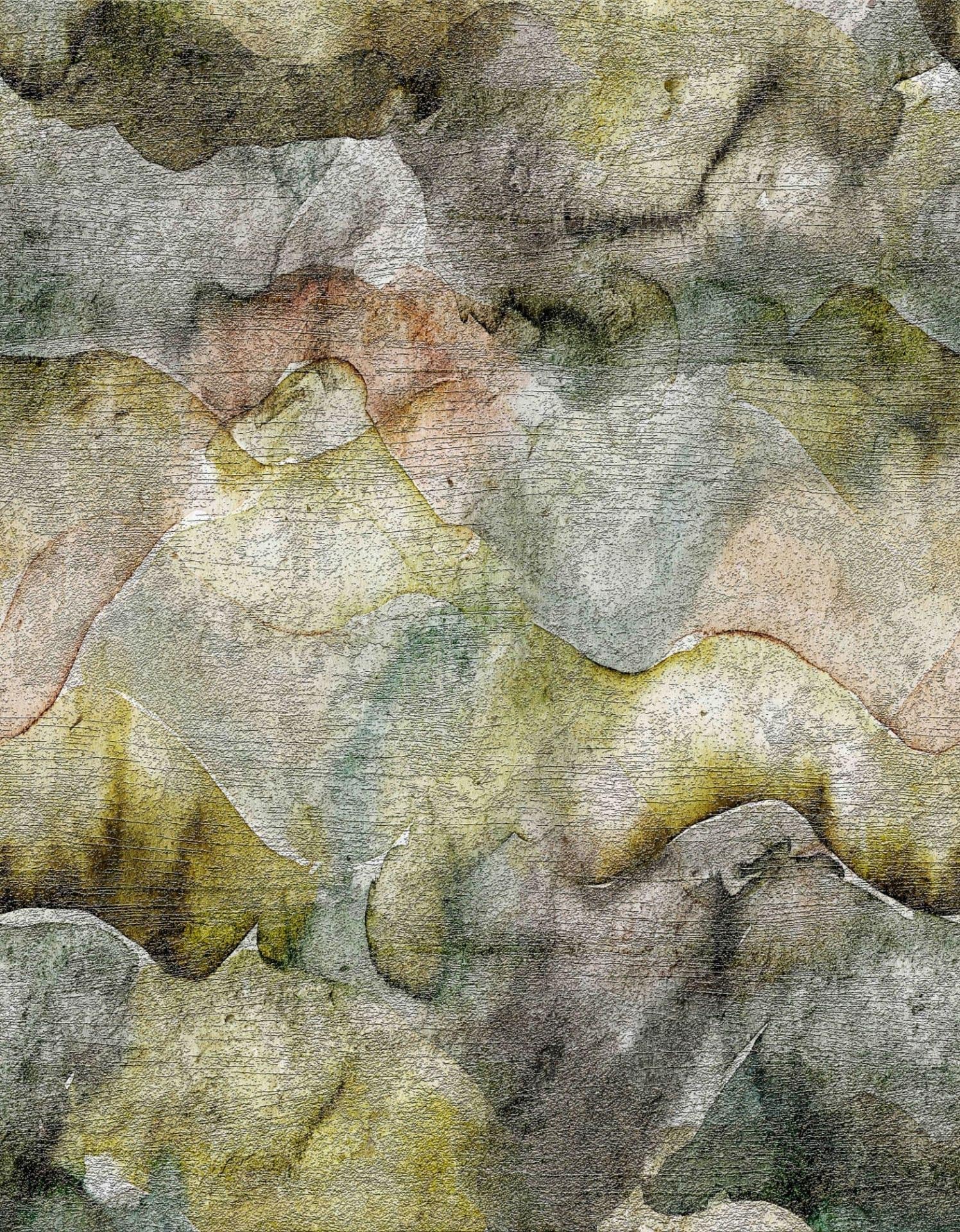 Fototapet med bergslandskap i akvarell i mossgrönt och gråblått med patina 3,4 x 2,65 m