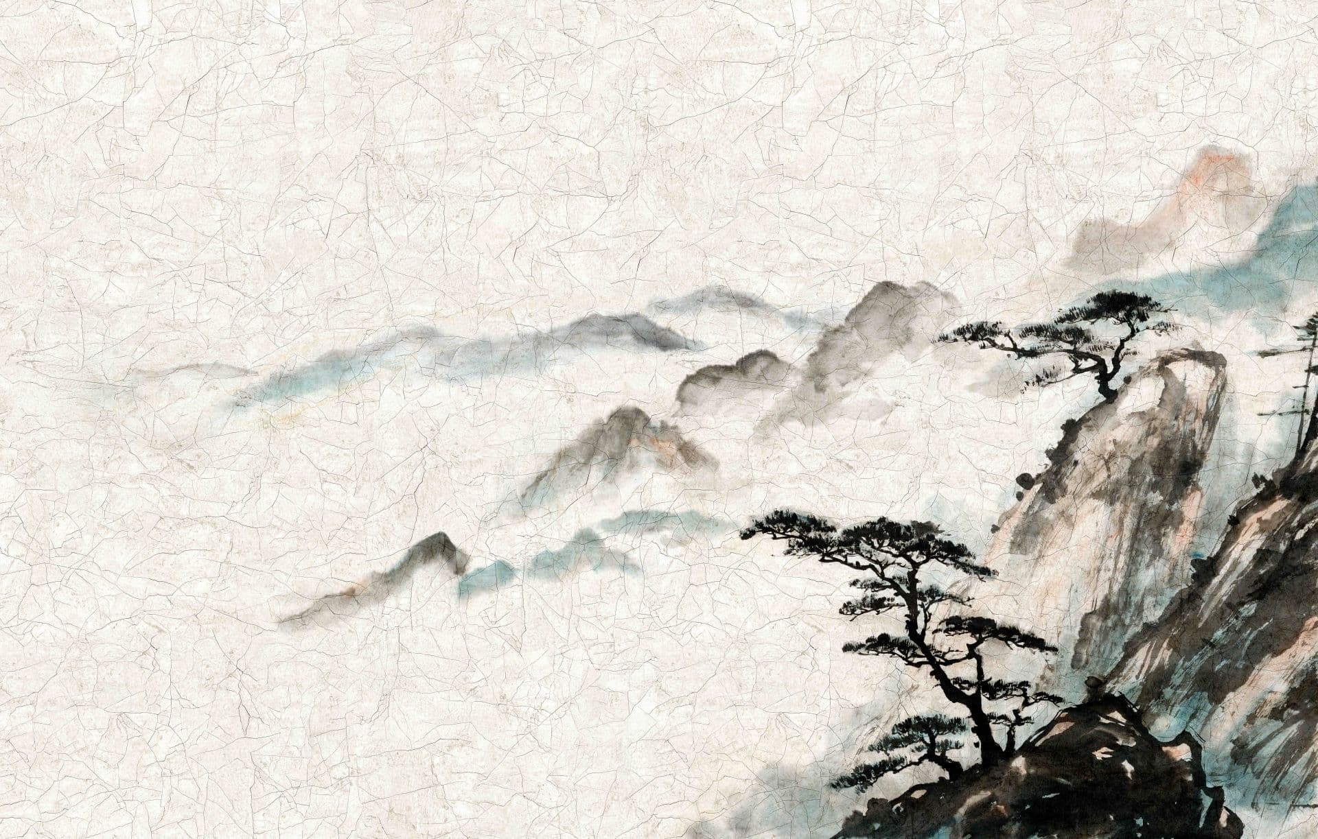 Fototapet Dimmigt bergslandskap med ljusstråle och tall i bläck 2,7 x 4,24 m