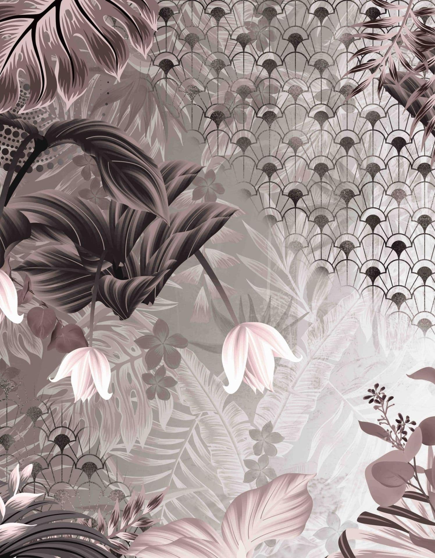 Fototapet med motiv av en art deco-rana i greige med blad och solfjädermönster 3,4 x 2,65 m
