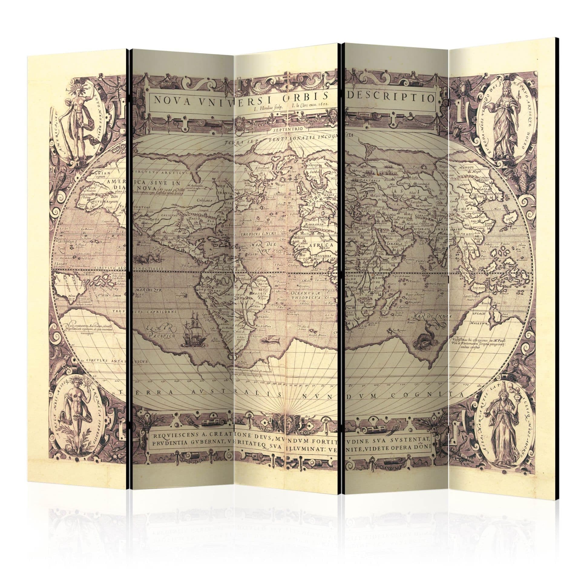 Paravent Raumteiler - Weltkarte -  Nova Universi Orbis Beschreibung, 5-teilig - 225x172 cm