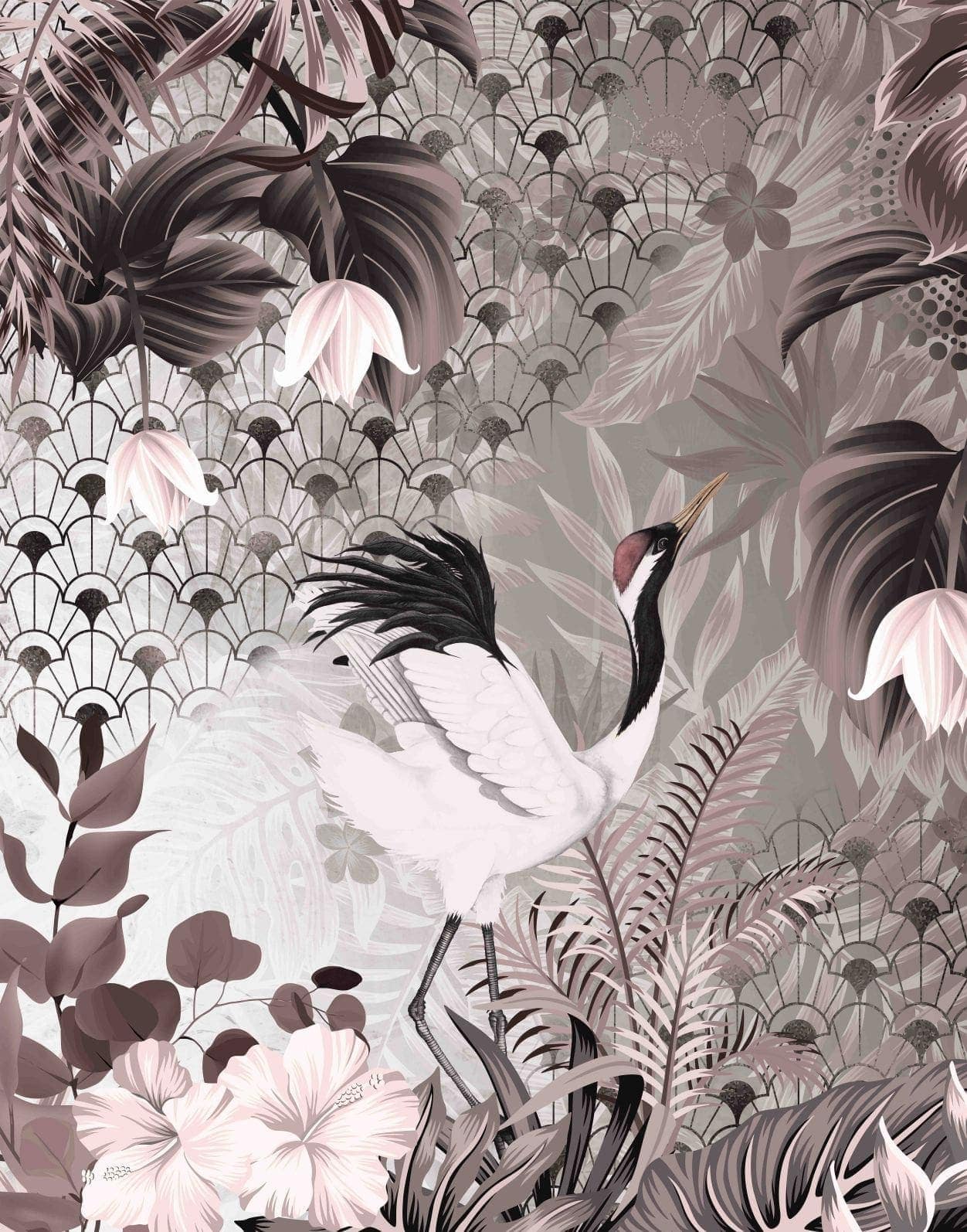 Fototapet Crane med art deco-mönster och blommor i gråsvart 2,7 x 2,12 m