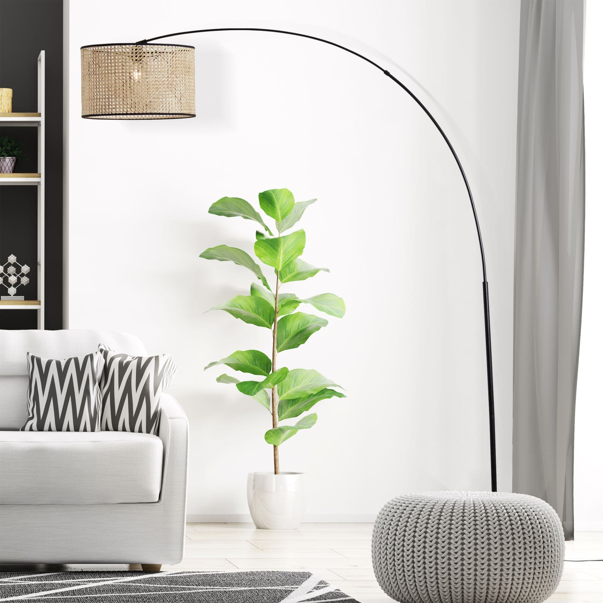 Bogenstandleuchte Toni 7 Beige, 42W, 200 x 160 cm, Rattan Innenleuchte