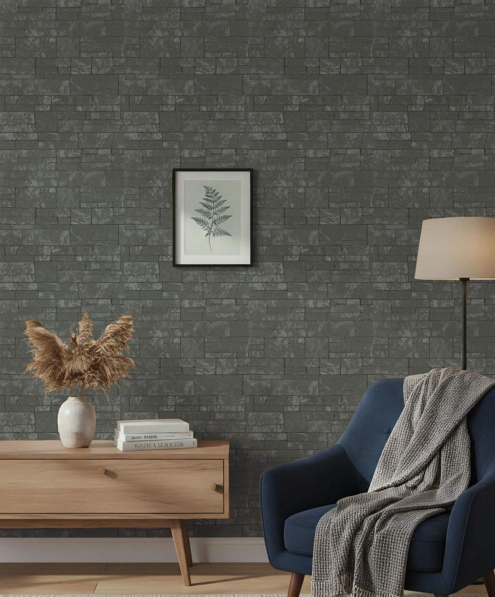 Icke-vävd tapet steneffekt modern, natur i antracit 