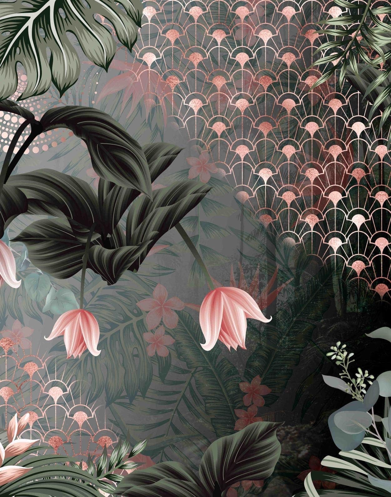 Fototapet med motiv av trana med art deco-prov och blommor 2,7 x 2,12 m
