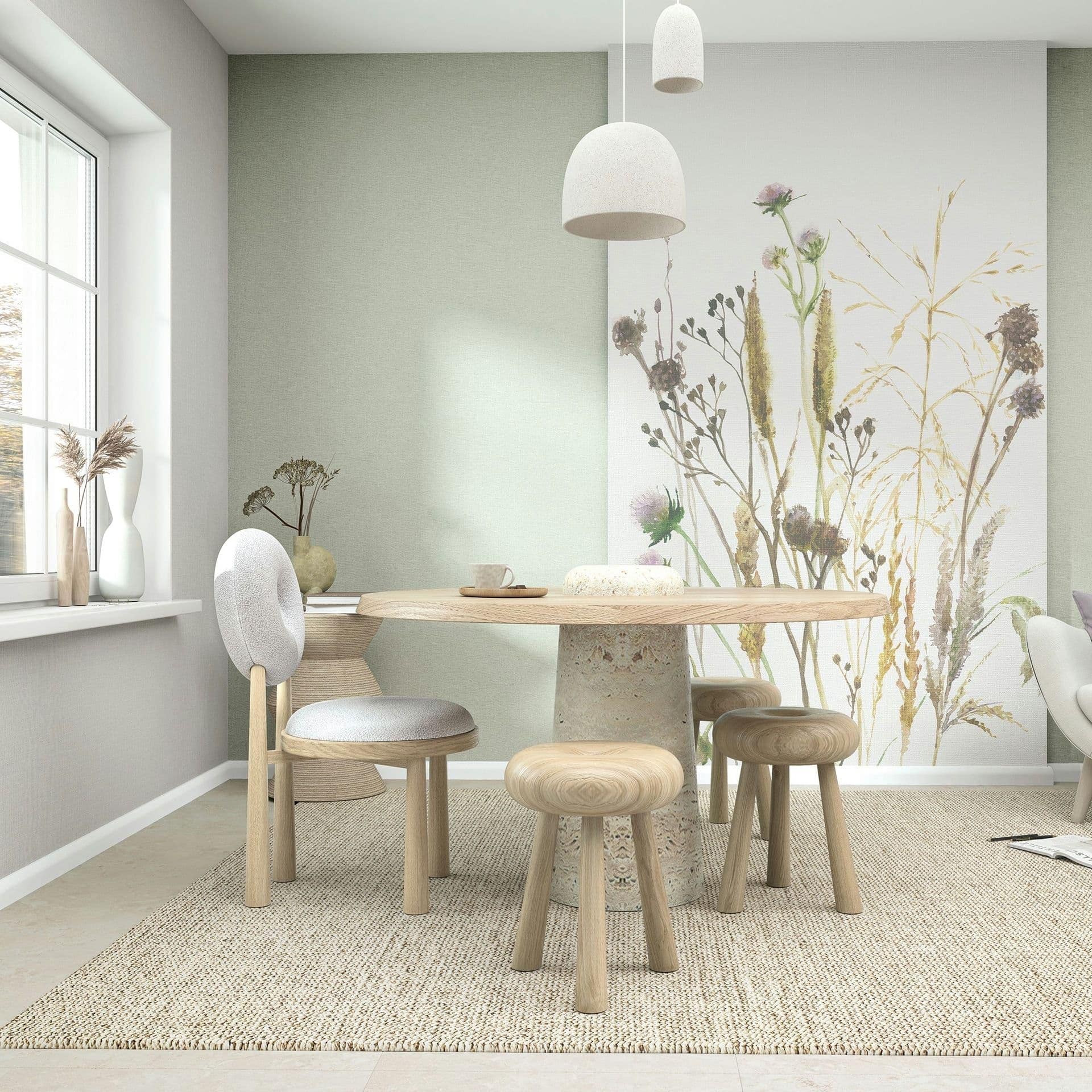 Fototapet blommor, blad blommig natur matt i vitt, beige 2,70 x 1,59m