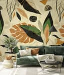 Fototapet Abstrakta blad i terrakotta svart och grönt i boho-stil 2,7 x 2,12 m