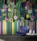 Fototapet med motiv av kaktusträdgård med färgglada blommor och prickmönster i 3,4 x 3,18 m