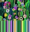 Fototapet med motiv av kaktusträdgård med färgglada blommor och prickmönster i 3,4 x 3,18 m