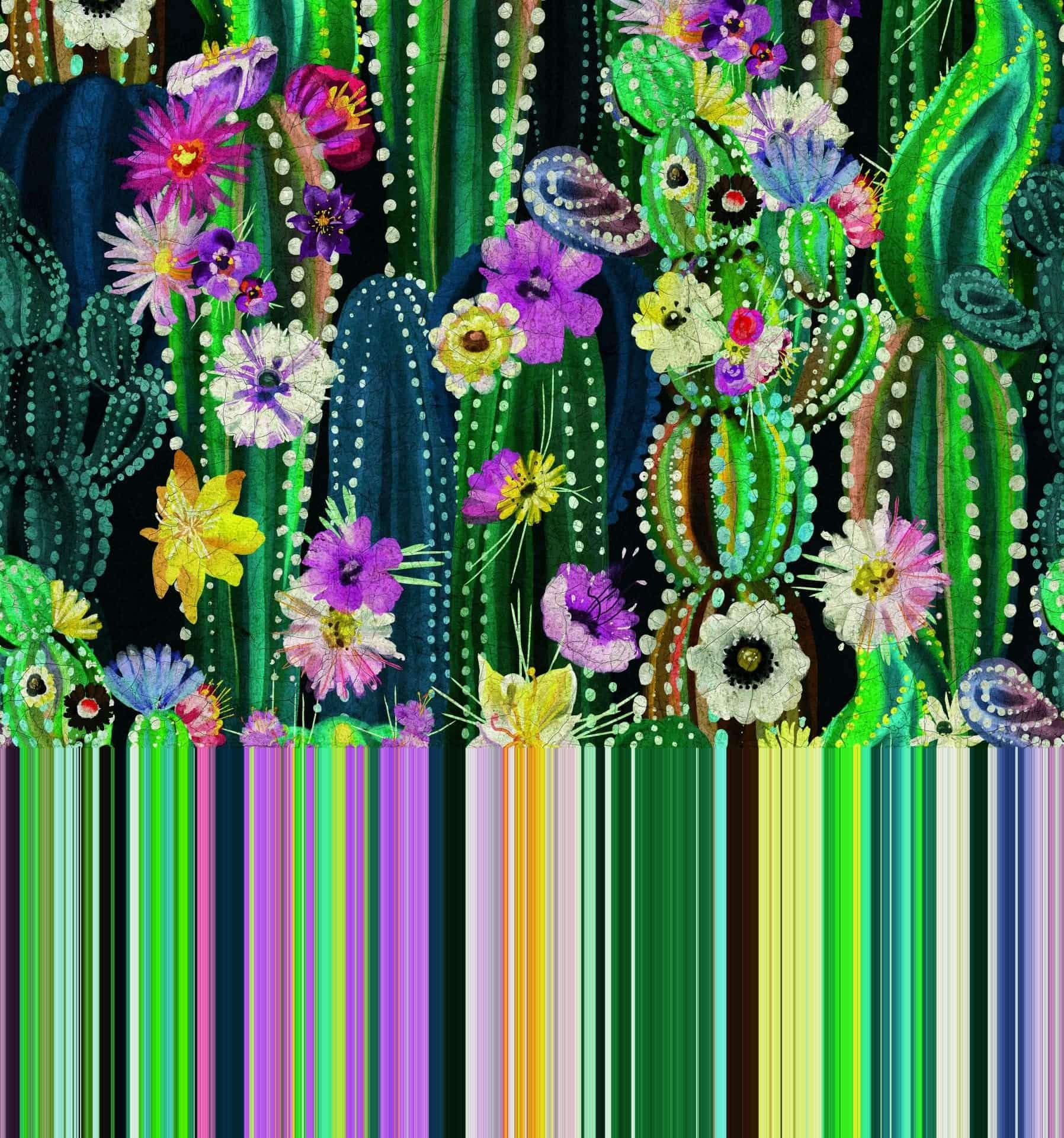 Fototapet med motiv av kaktusträdgård med färgglada blommor och prickmönster i 3,4 x 3,18 m