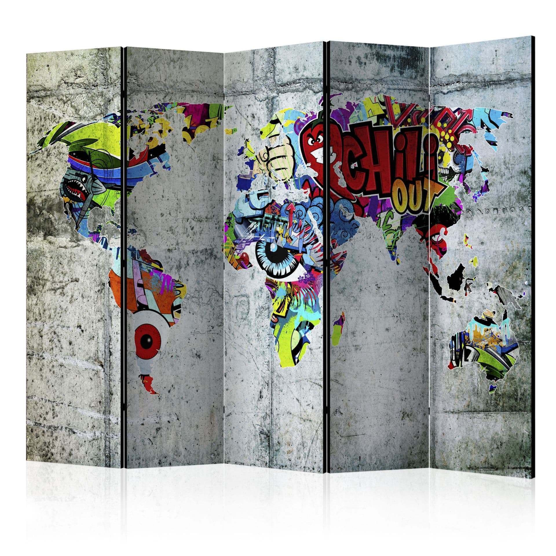 Paravent Raumteiler -  Weltkarte - Graffiti-Welt, 5-teilig - 225x172 cm