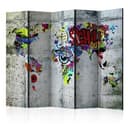 Paravent Raumteiler -  Weltkarte - Graffiti-Welt, 5-teilig - 225x172 cm