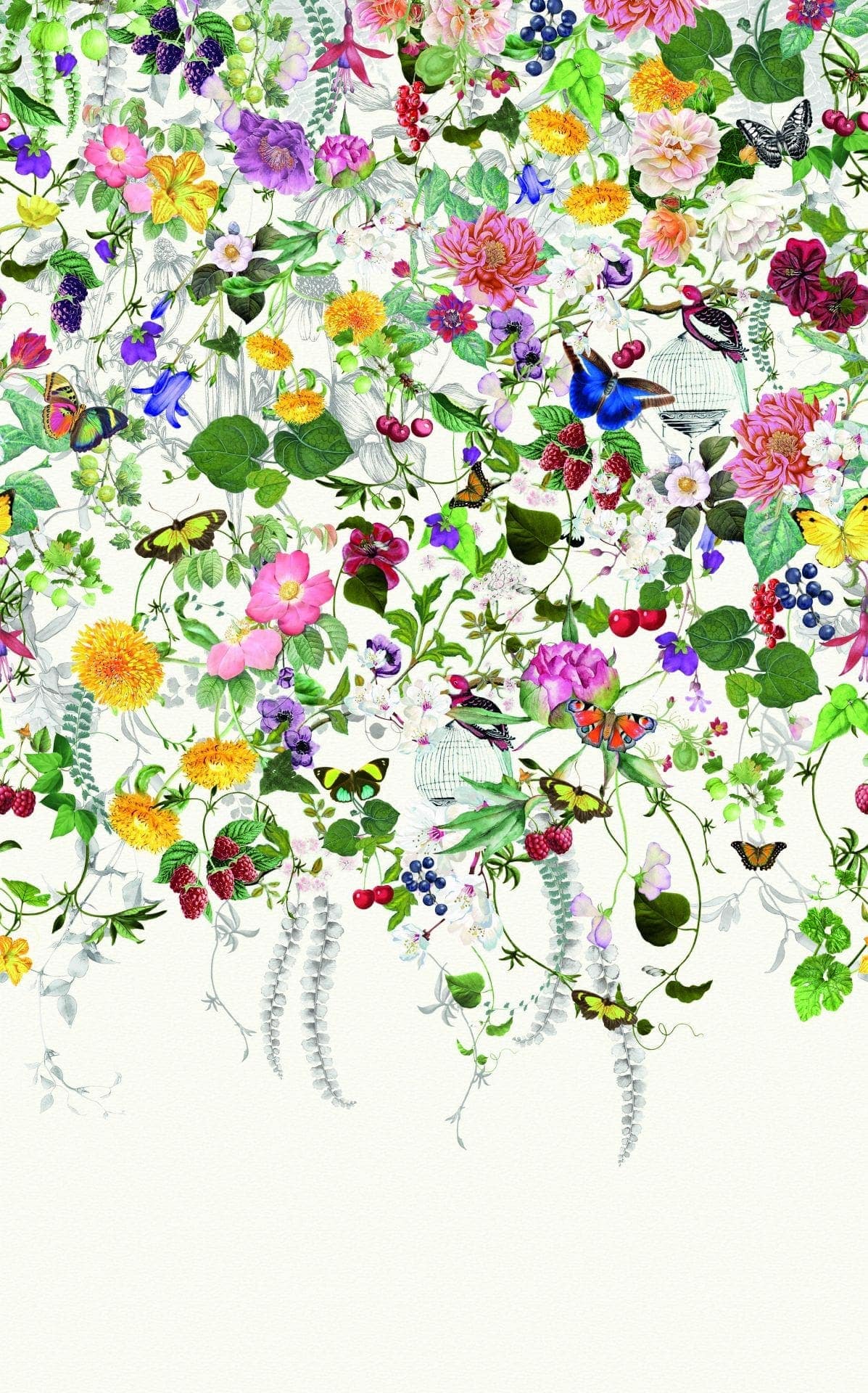 Fototapet med motiv Färgglad blomsteräng med fjärilar och fåglar 3,4 x 2,12 m