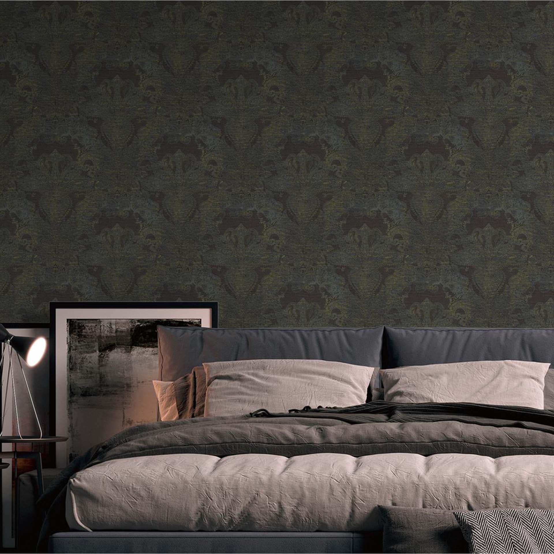 Non-woven tapet vintage barock svart, gul - non-woven tapet barock tapet med ornament