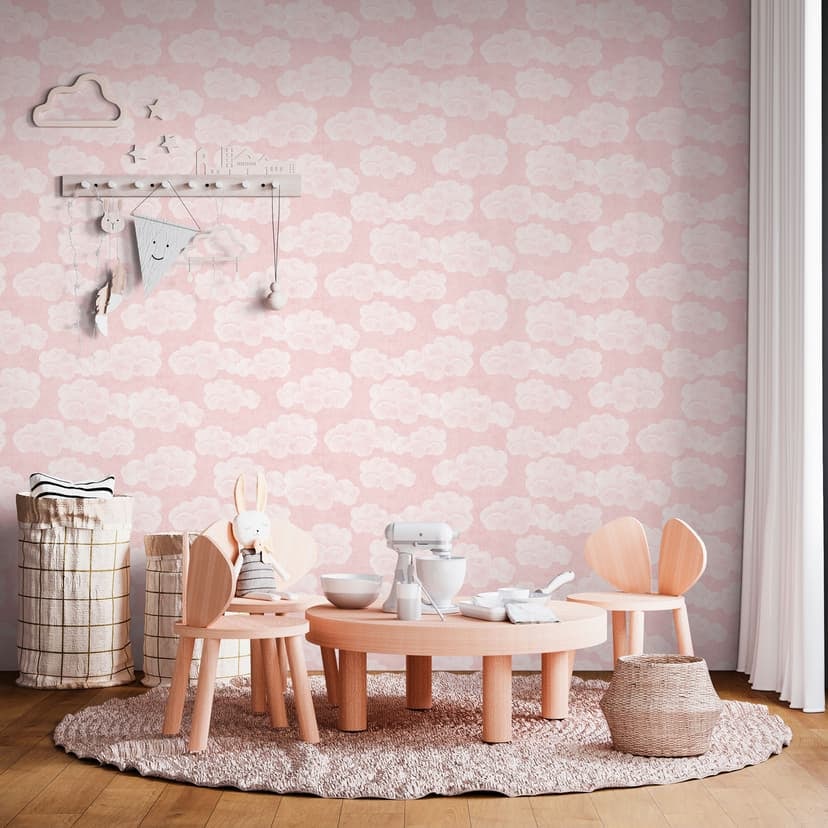 Moln tapet rosa vit - barnkammare tapet med himmel motiv