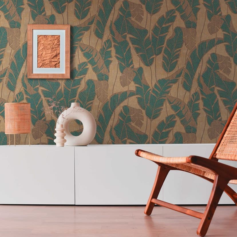 Bladmönster tapet ljus glänsande beige blå - blommig tapet växter