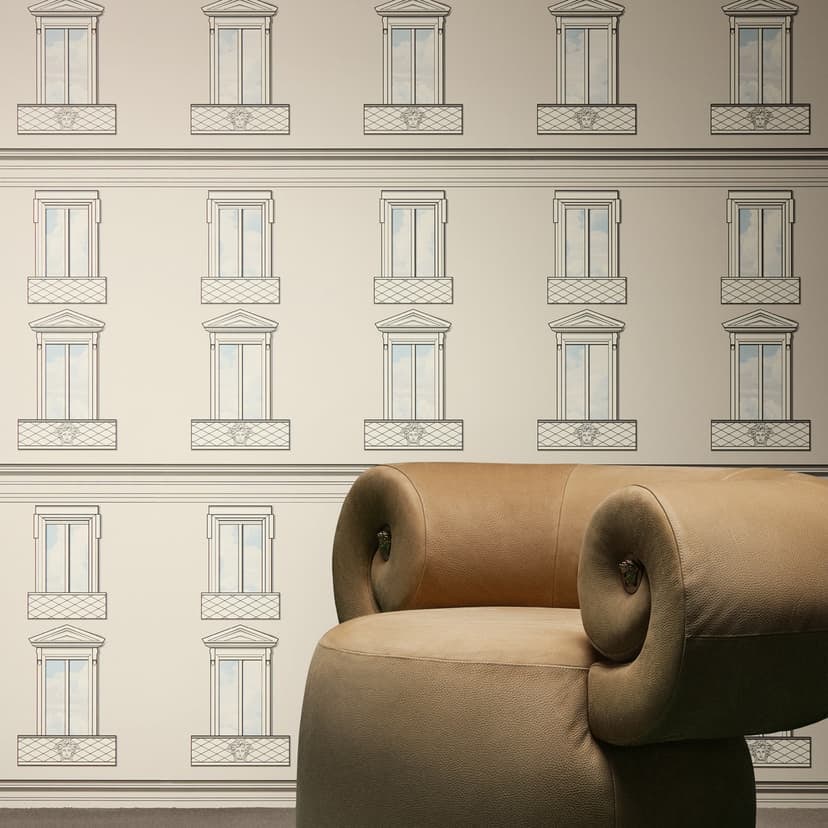 Versace Icke-vävd tapet Palazzo No 12 fönsterfasad beige grå neo klassisk