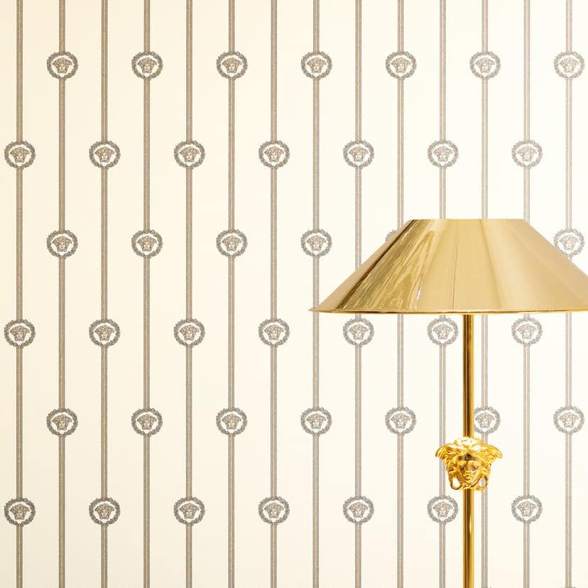 Versace Icke-vävd tapet I Love Baroque ränder Medusa Vit Taupe lyxig