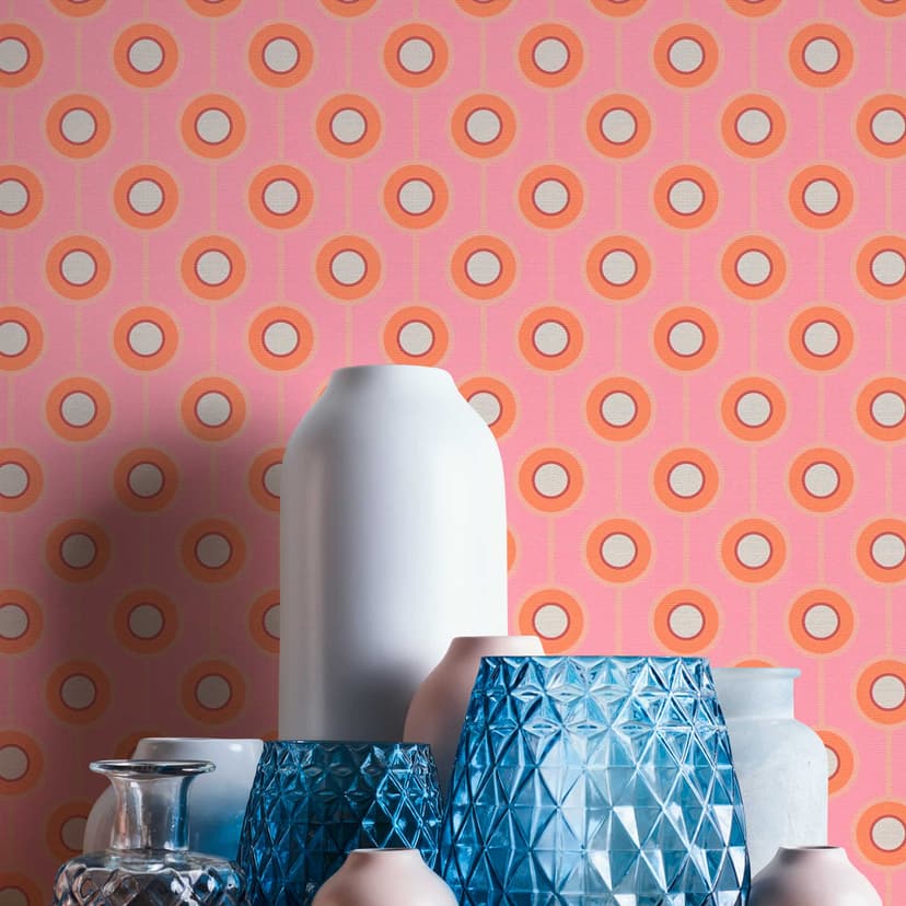 Retro look tapet med prickar orange rosa - non-woven tapet med grafiskt prov - texturerad tapet med skal och stick