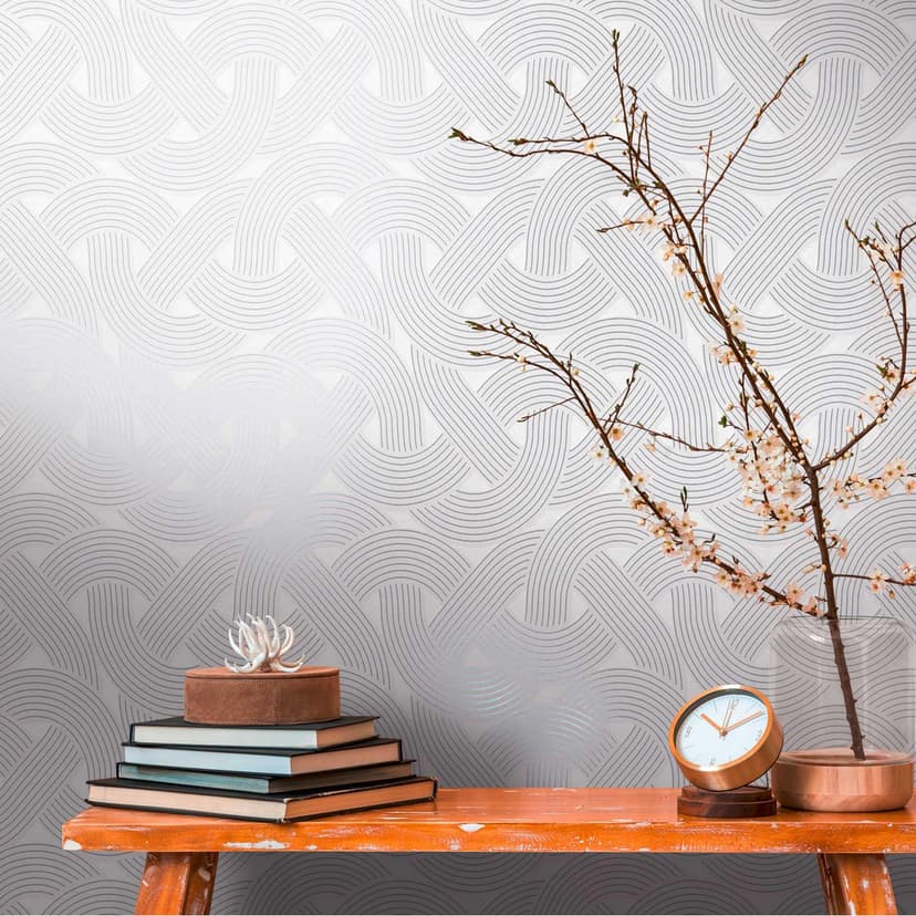 Non-woven tapet i art deco-stil vit silver - grafisk tapet med linjemönster