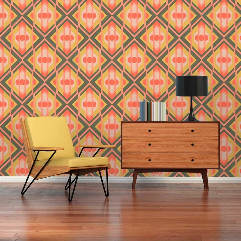 Non-woven tapet retrostil grön orange - tapet med abstrakt mönster - vintage tapet