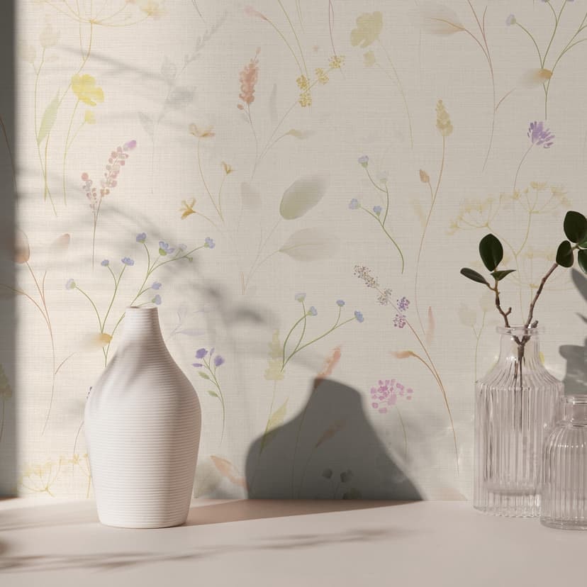 Pastellvit ängsblomma tapet - Icke-vävd tapet akvarell ser luftig blommig ut