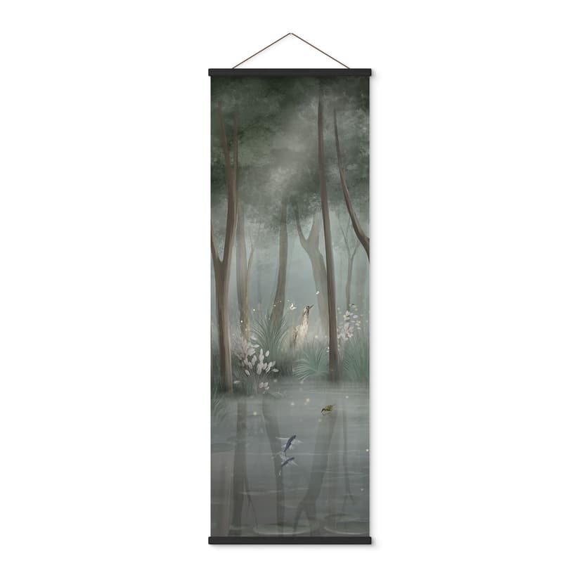 Textil poster Molnskog vid sjön med häger i grönt - Ms Tiff - Panorama
