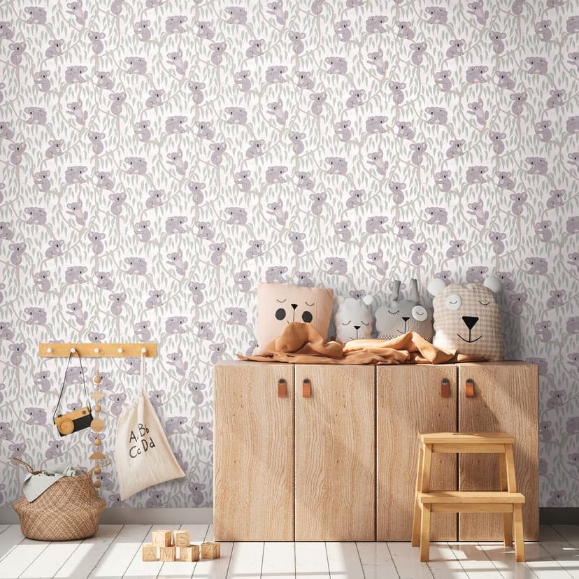 Koala tapet beige grön - barn tapeter med koalas på träd