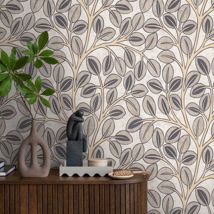 Non-woven tapetgrafik - subtil bladdesign i taupe- och naturton