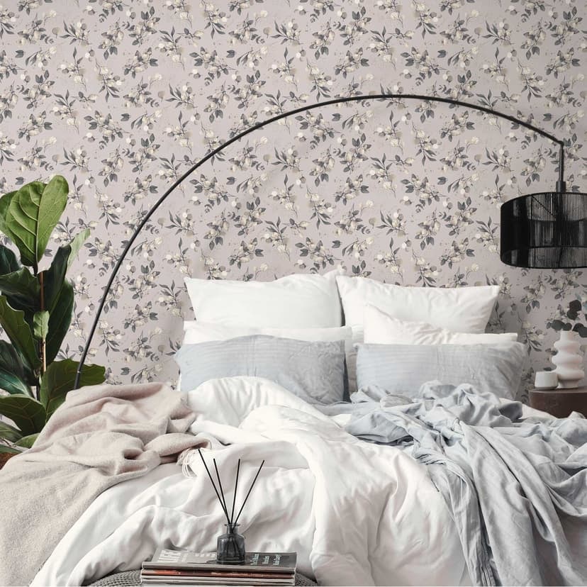 Blommig akvarell tapet taupe beige - Icke-vävd tapet med löv - modernt naturmönster