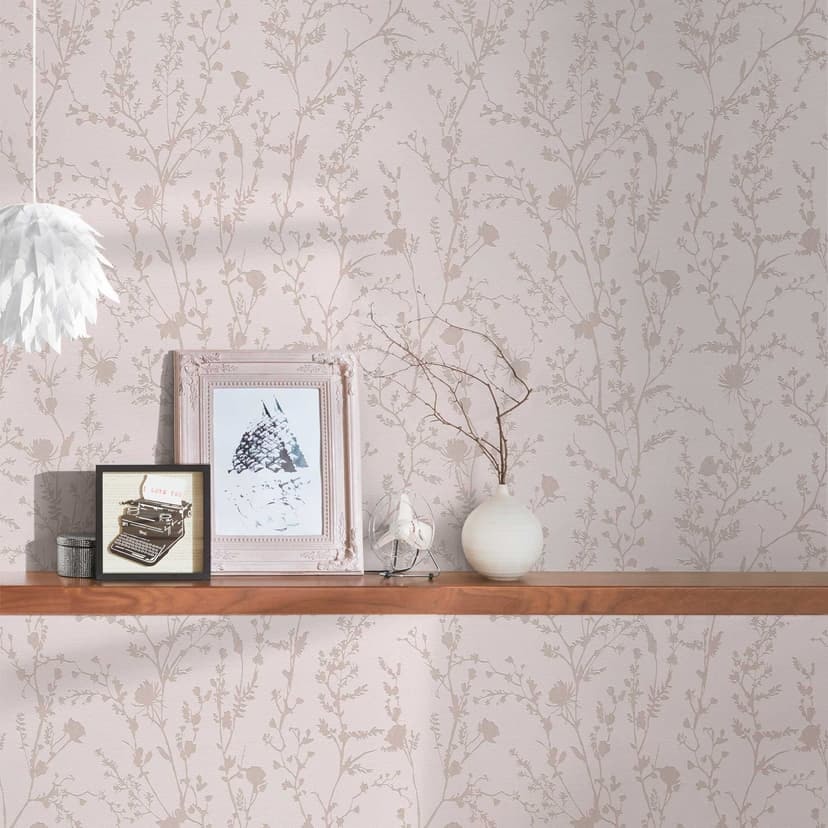Non-woven tapet grenar blommor rosa grå - blomma tapet blommig - blommönster tapet