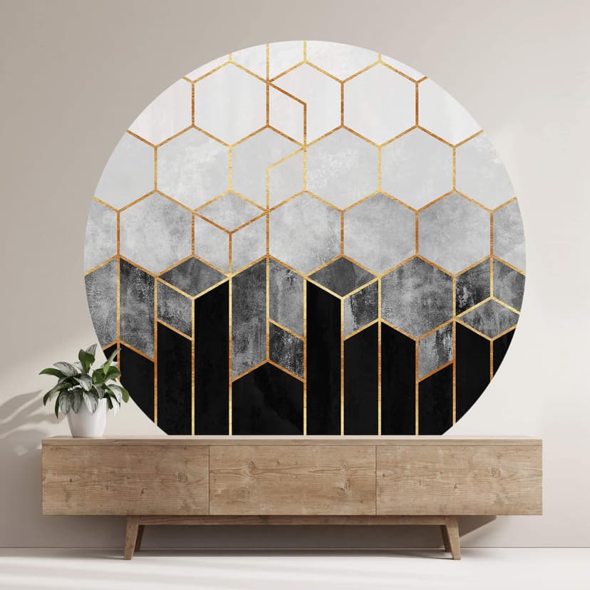 Fredriksson - Hexagoner: Svart och grått - Rund Fototapet - non-woven tapet/självhäftande non-woven