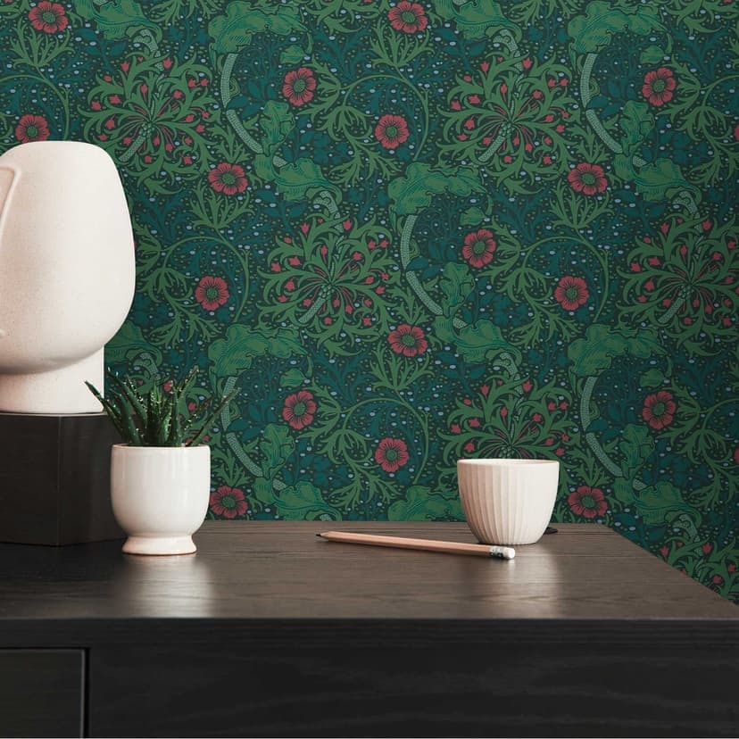Tapet med blomrankor och blommor grön röd - non-woven blommig tapet