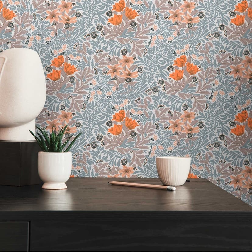 Blomstermönstrad tapet orange grå - tapet med blommor och blad