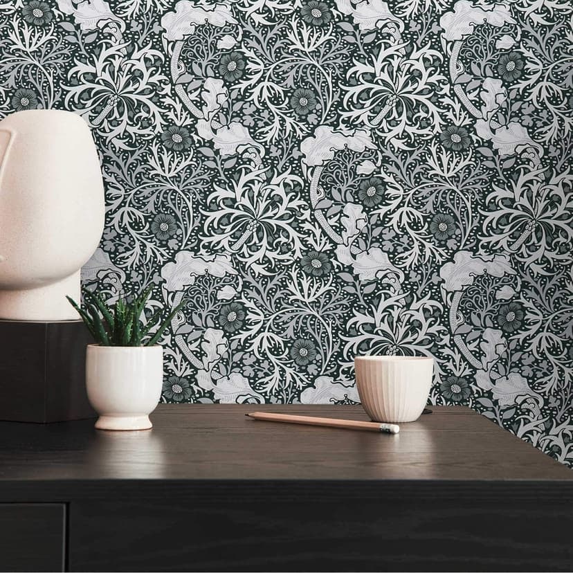 Tapet med blomrankor och blommor svartvitt - non-woven blommig tapet