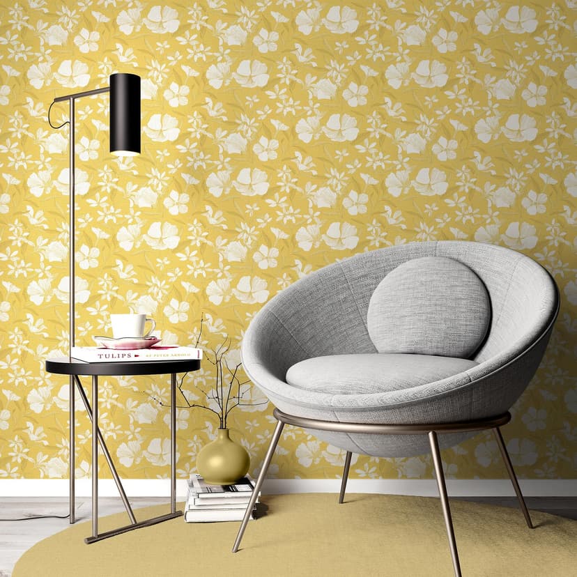 Icke-vävd tapet, tapet med blommotiv La Terrasse gul, beige