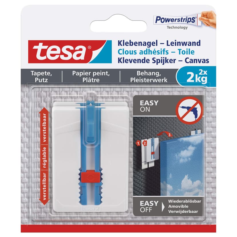 tesa Powerstrips Justerbar Självhäftande Spik På Tapeter och Gips, Paket med 2, Vit