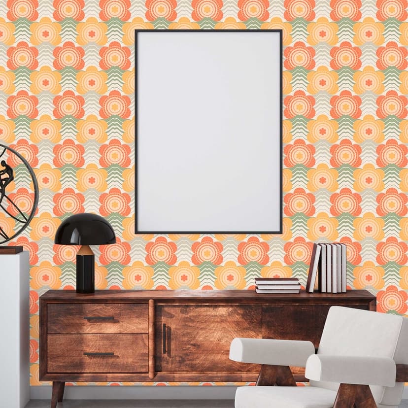 Vintage blommig tapet orange gul - retro non-woven tapet i blommig stil - vintage mönster tapet