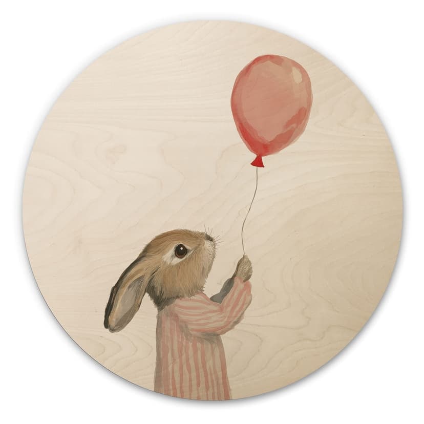 Trätavla söt kanin med ballong - Treechild - Rund