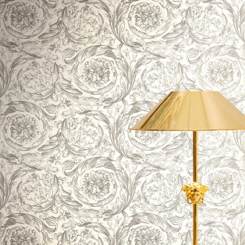 Versace Icke-vävd tapet Barocco Neo klassiska blommiga tendrils gråvit elegant