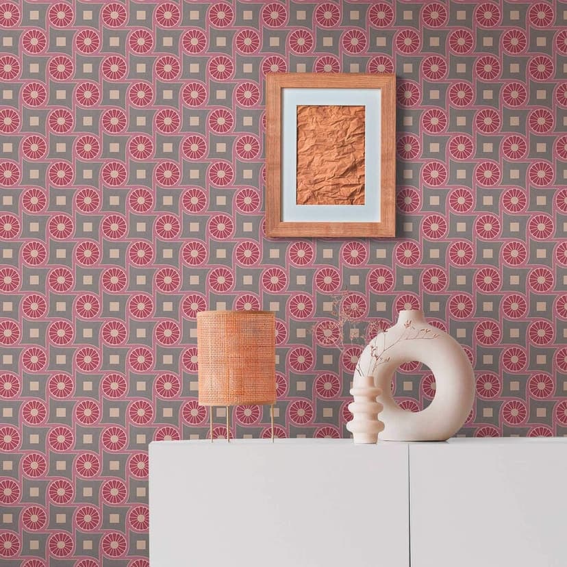 Grafisk tapet med cirkelmönster grå-lila - non-woven tapet i retrostil