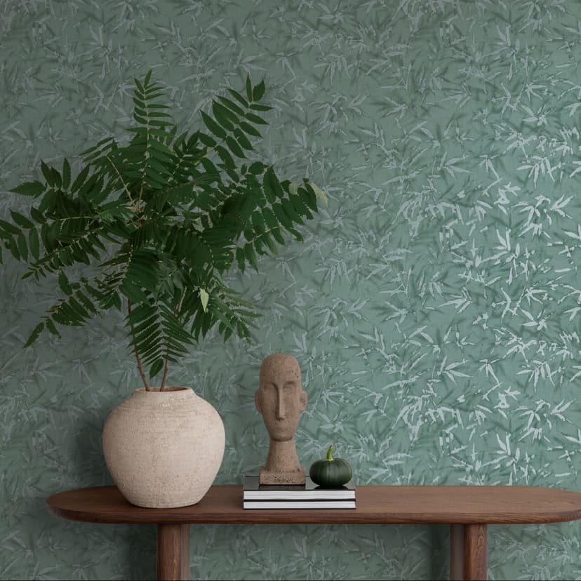 Blad tapet mörkgrön - Tapet med mönster med bambu look - Icke-vävd tapet modern