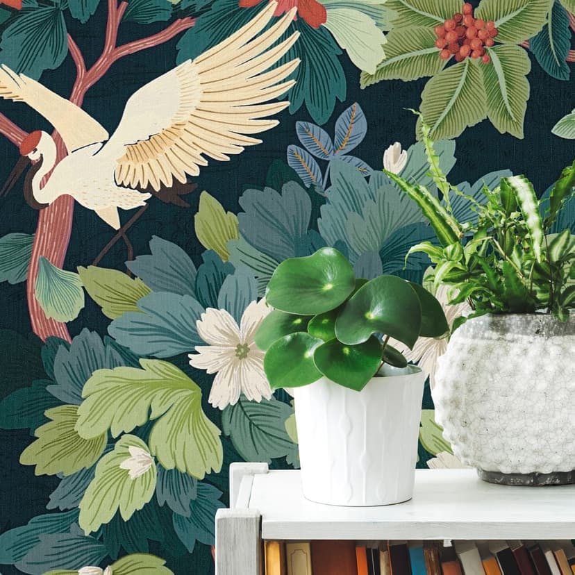 Exotisk tapet tranor mörkblå grön - Icke-vävd tapet med blommig illustration