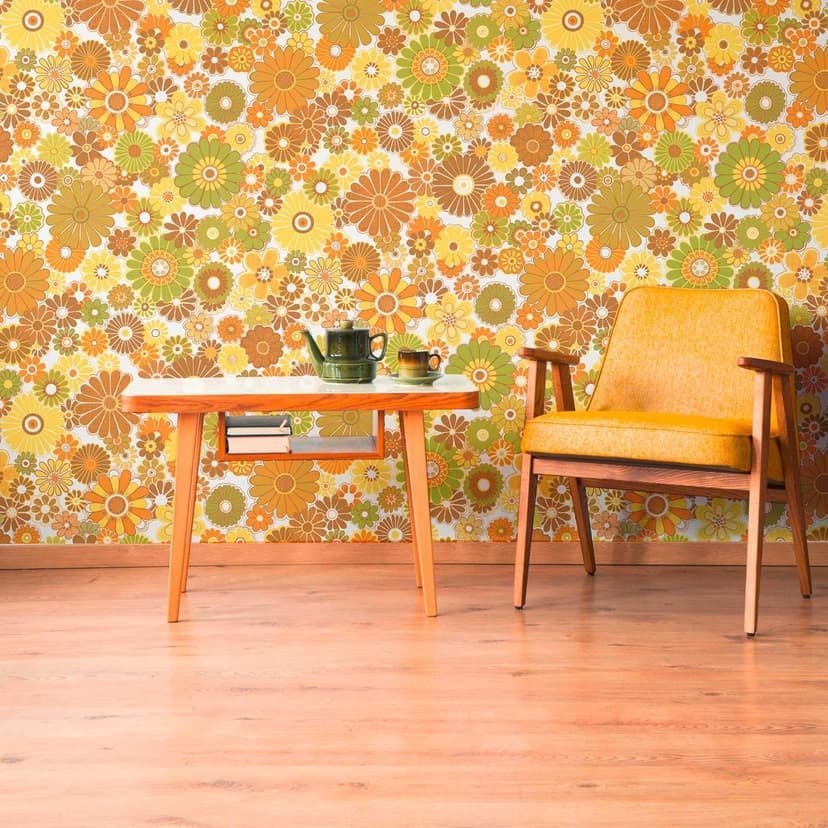 Non-woven tapet med blommor gulgrön - blommig tapet i retrostil - tapet med vintagemönster
