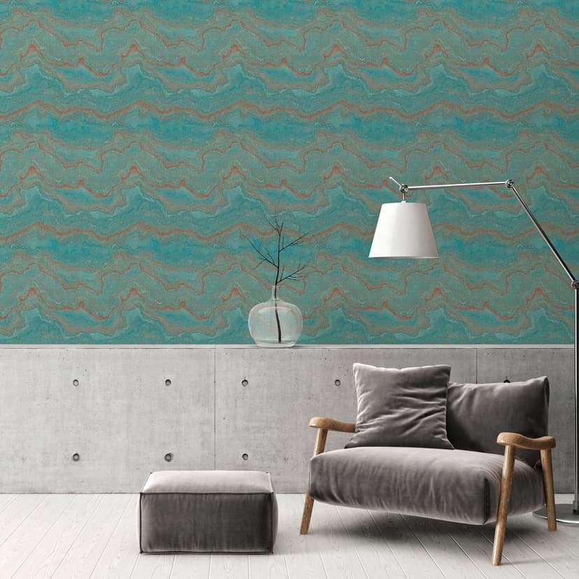 Marmorliknande non-woven tapet i turkos och koppar - Lyxig, glansig väggdesign