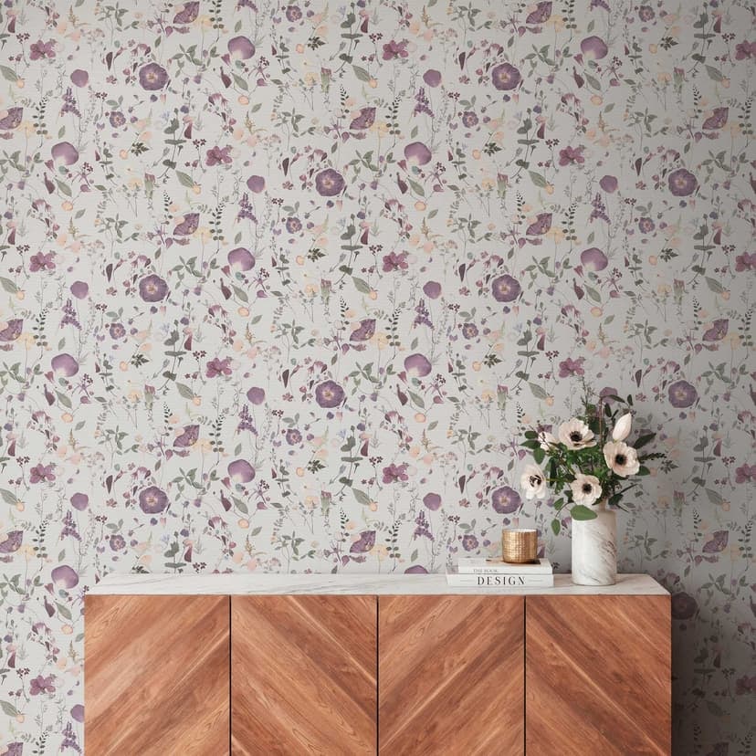 Blommig tapet blommor akvarell - Icke-vävd tapet i lila lila beige - romantisk blommig tapet